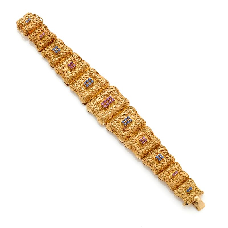 Bracciale modulare in oro giallo 18 Kt con zaffiri e rubini rotondi