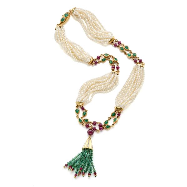 Collana Faraone con perle smeraldi e rubini