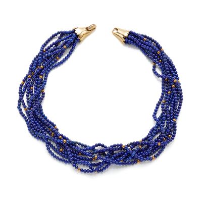 Collier torchon in oro giallo 18 Kt con boules di lapislazzuli e chiusura in oro con diamanti rot...
