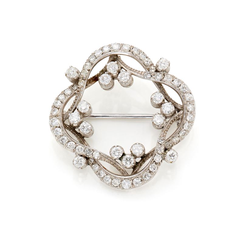 Spilla, oro bianco 18 kt con diamanti rotondi