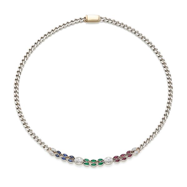 Necklace with diamonds, sapphires, rubies, and emeralds