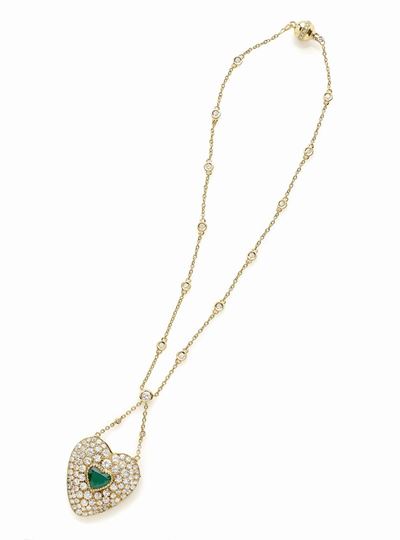 Collana/spilla Cuore Oro Giallo, Smeraldo e Diamanti