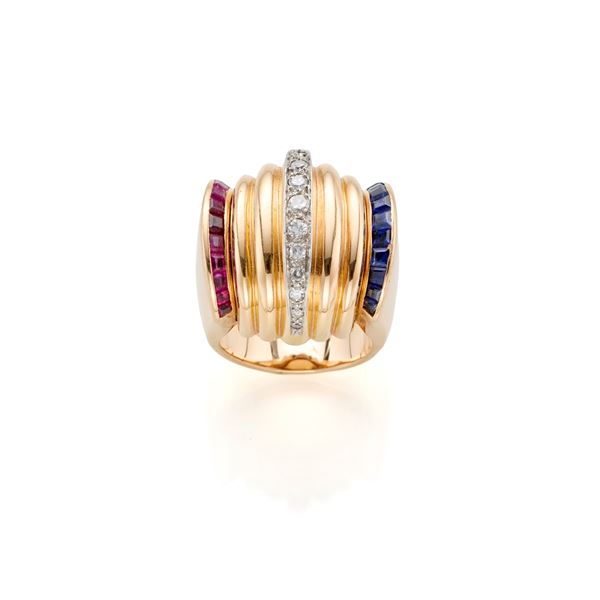 Anello orologio in oro diamanti, zaffiri e rubini  - Asta Argenti, orologi e gioielli - Faraone Casa d'Aste