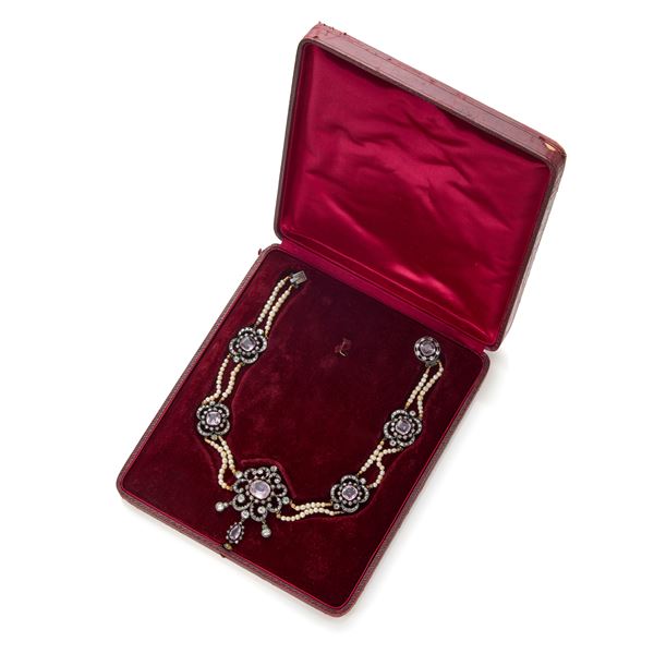 Collana in oro e argento con topazi rosa, perle e diamanti  - Asta Argenti, orologi e gioielli - Faraone Casa d'Aste