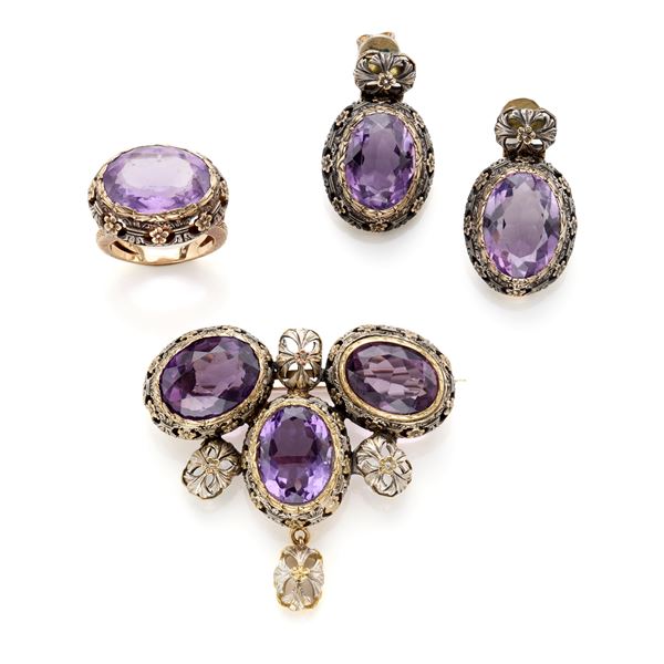 Demi parure in argento, oro e ametiste  - Asta Argenti, orologi e gioielli - Faraone Casa d'Aste
