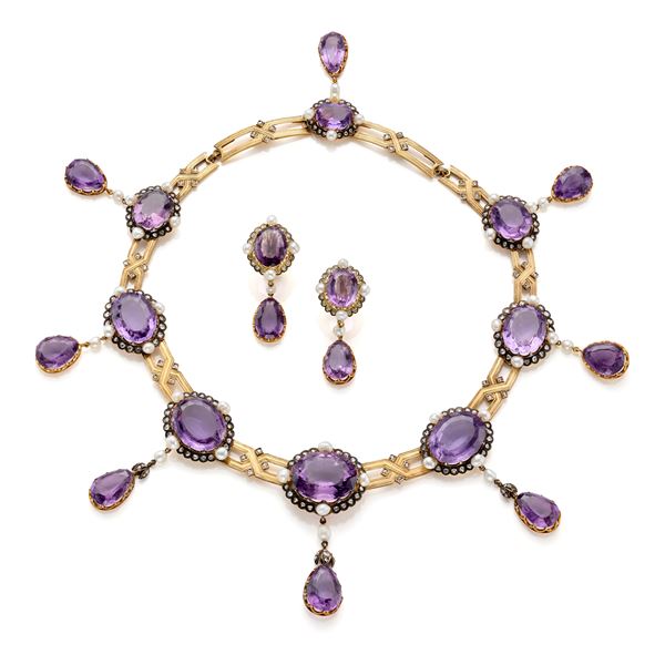 Demi parure in oro con ametiste, perle e diamanti  - Asta Argenti, orologi e gioielli - Faraone Casa d'Aste