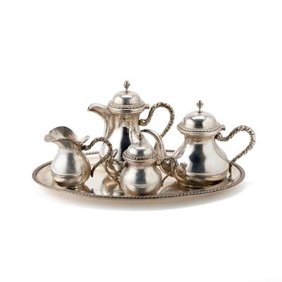 Servizio da tè e caffè, argento (vassoio, teiera, caffettiera, lattiera e zuccheriera)