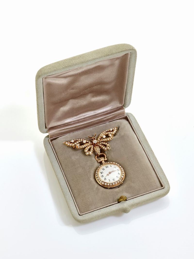Spilla Orologio in Oro e Smalto con Diamanti e Perle