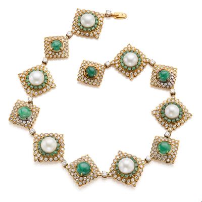 Collana in Oro con Perle, Diamanti e Smeraldi