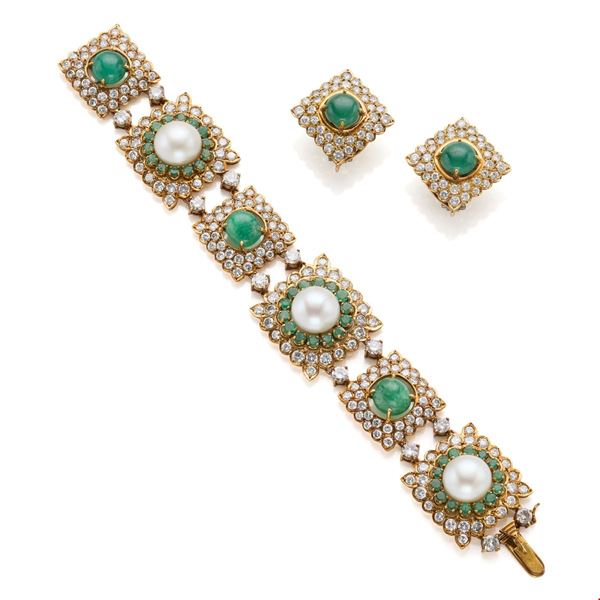 Orecchini e bracciale in oro con perle, diamanti e smeraldi  - Asta ASTA GIOIELLI E OROLOGI - Faraone Casa d'Aste