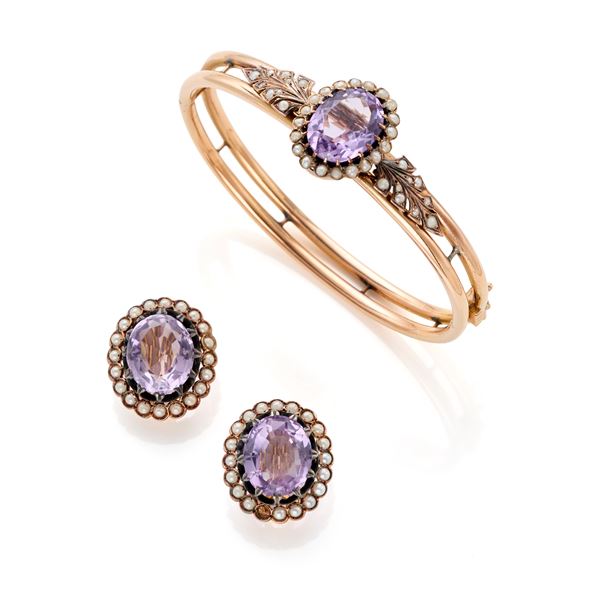 Demi parure in oro con ametiste e micro-perle  - Asta Argenti, orologi e gioielli - Faraone Casa d'Aste
