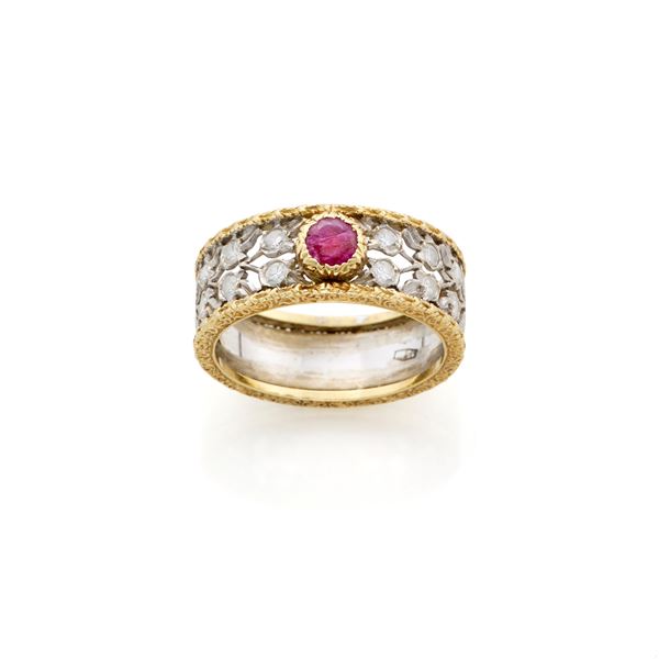 Mario Buccellati : Mario Buccellati gold ring with ruby and diamonds  - Auction Argenti, orologi e gioielli - Faraone Casa d'Aste