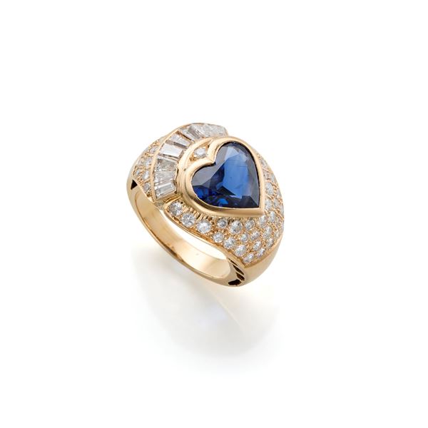 Gold ring with sapphire and diamonds  - Auction Argenti, orologi e gioielli - Faraone Casa d'Aste