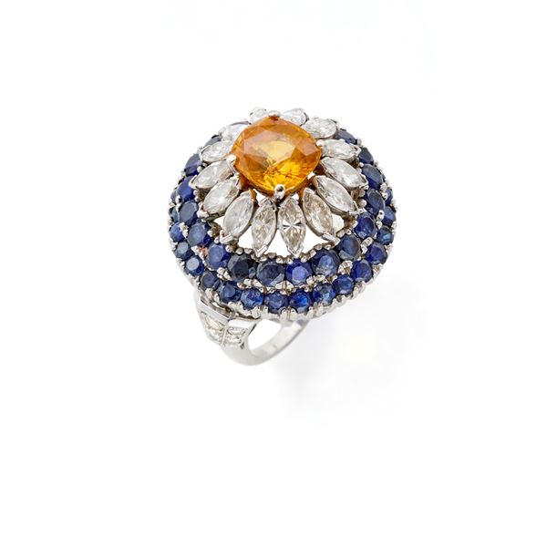 Platinum ring with diamonds and sapphires   - Auction Argenti, orologi e gioielli - Faraone Casa d'Aste
