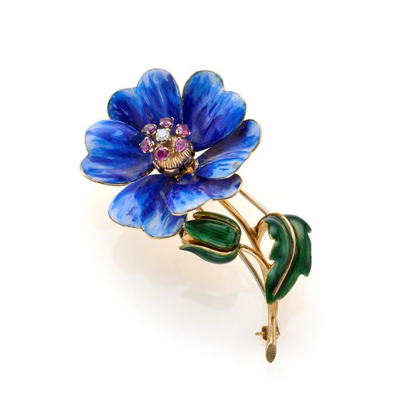 Gold brooch with enamel, diamonds and rubies  - Auction Argenti, orologi e gioielli - Faraone Casa d'Aste