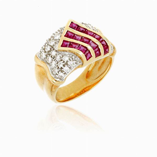 Anello a fascia con diamanti e rubini.