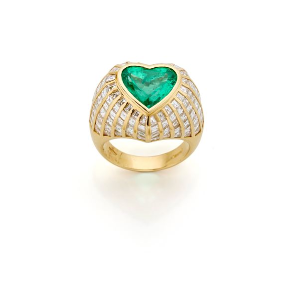 Gold ring with emerald and diamonds  - Auction Argenti, orologi e gioielli - Faraone Casa d'Aste