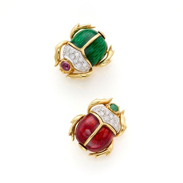 Gold brooches with diamonds, enamel, ruby and emerald  - Auction Argenti, orologi e gioielli - Faraone Casa d'Aste