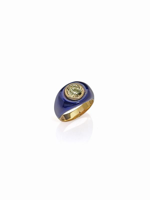 Anello oro giallo con smalto blu e diamante