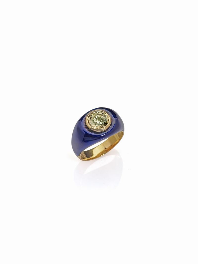Anello Oro Giallo con Smalto Blu e Diamante