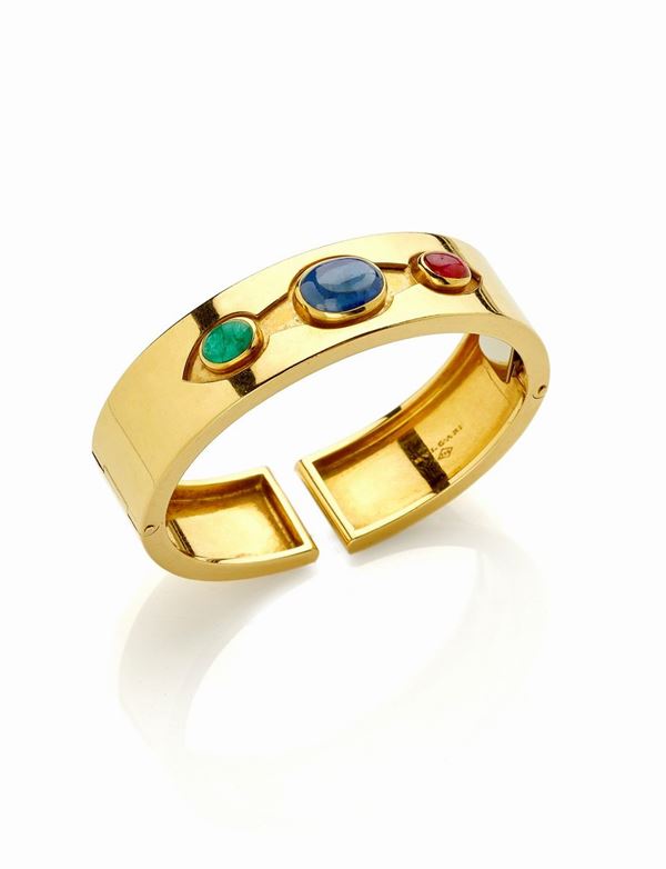 Bulgari - Bracciale Bulgari oro giallo con rubino, smeraldo e zaffiro cabochon